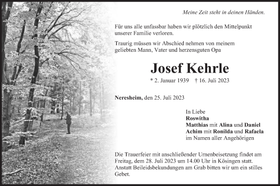 Traueranzeige von Josef Kehrle von Schwäbische Post