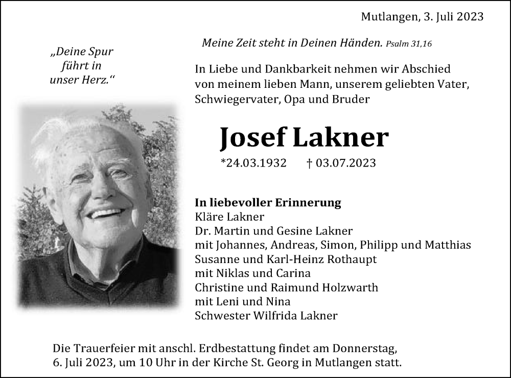  Traueranzeige für Josef Lakner vom 05.07.2023 aus Gmünder Tagespost