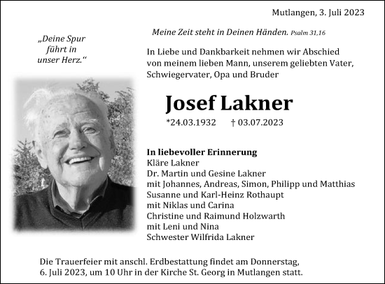 Traueranzeige von Josef Lakner von Gmünder Tagespost