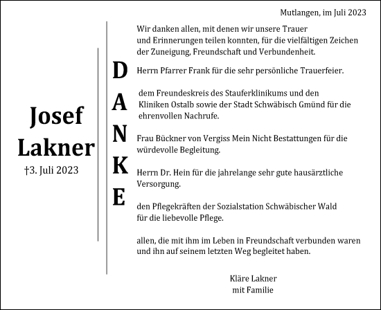 Traueranzeige von Josef Lakner von Gmünder Tagespost