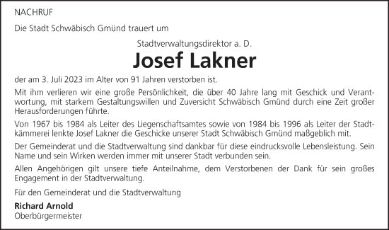 Traueranzeige von Josef Lakner von Gmünder Tagespost