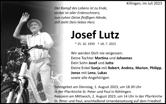 Traueranzeige von Josef Lutz von Schwäbische Post