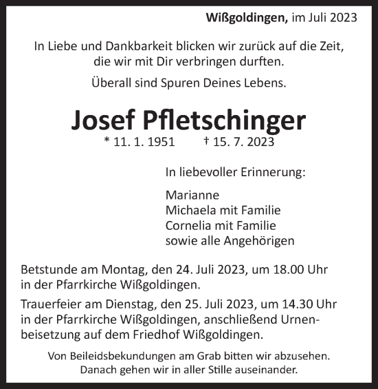 Traueranzeige von Josef Pfletschinger von Gmünder Tagespost