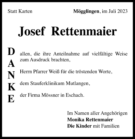 Traueranzeige von Josef Rettenmaier von Gmünder Tagespost