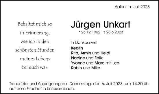 Traueranzeige von Jürgen Unkart von Schwäbische Post