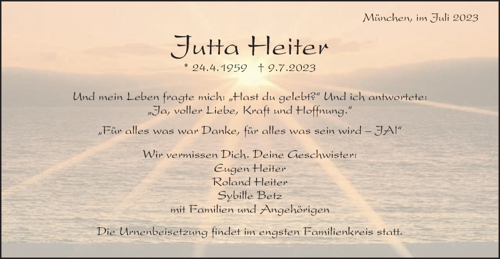  Traueranzeige für Jutta Heiter vom 22.07.2023 aus Schwäbische Post