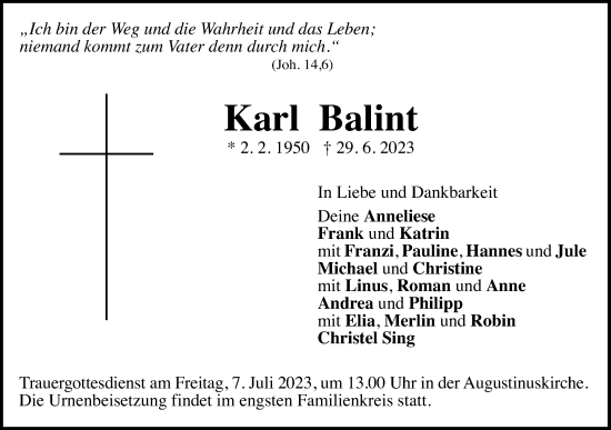 Traueranzeige von Karl Balint