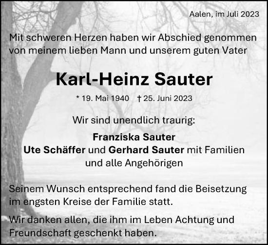 Traueranzeige von Karl-Heinz Sauter von Schwäbische Post