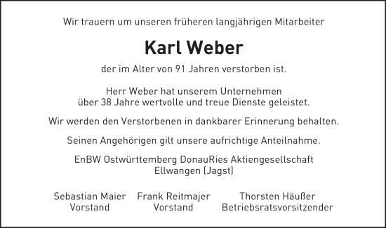 Traueranzeige von Karl Weber von Schwäbische Post