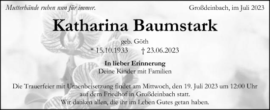 Traueranzeige von Katharina Baumstark von Gmünder Tagespost