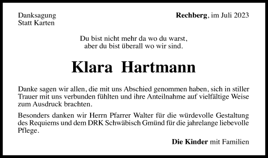 Traueranzeige von Klara Hartmann