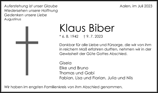 Traueranzeige von Klaus Biber von Schwäbische Post