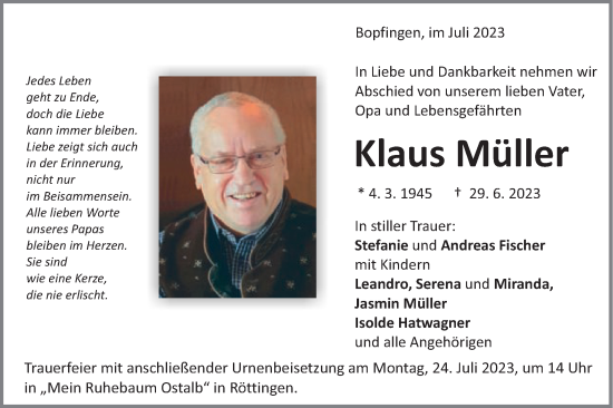 Traueranzeige von Klaus Müller von Schwäbische Post