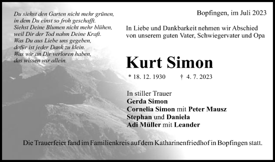 Traueranzeige von Kurt Simon von Schwäbische Post