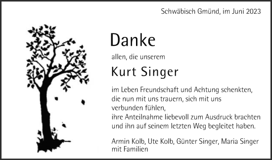 Traueranzeige von Kurt Singer von Gmünder Tagespost