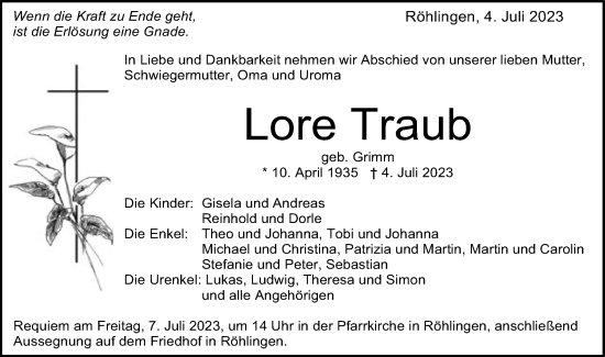 Traueranzeige von Lore Traub von Schwäbische Post