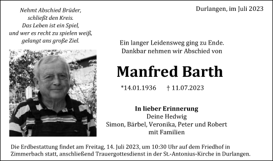 Traueranzeige von Manfred Barth von Gmünder Tagespost