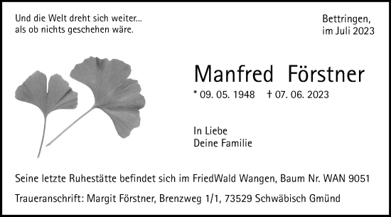Traueranzeige von Manfred Förstner von Gmünder Tagespost