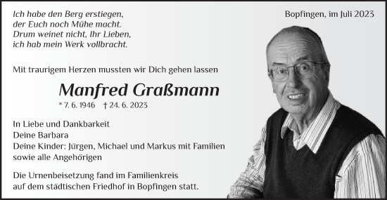 Traueranzeige von Manfred Graßmann von Schwäbische Post