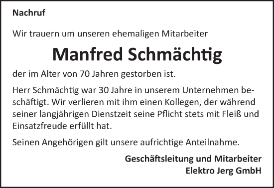 Traueranzeige von Manfred Schmächtig von Schwäbische Post