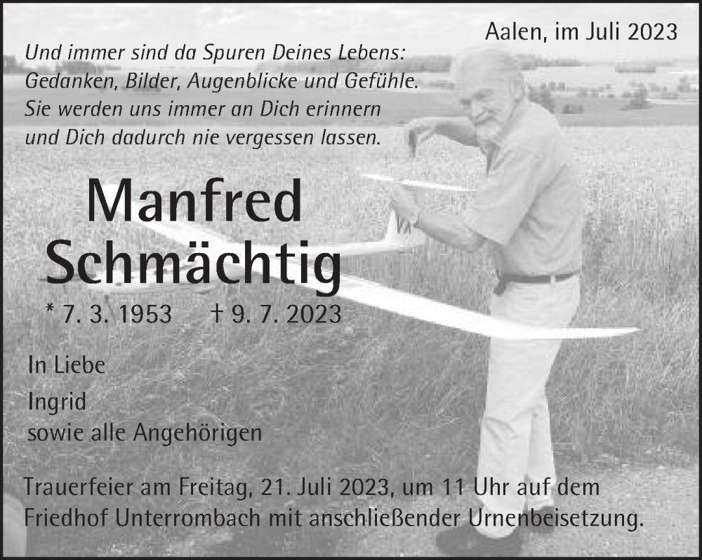  Traueranzeige für Manfred Schmächtig vom 18.07.2023 aus Schwäbische Post