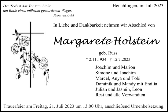 Traueranzeige von Margarete Holstein von Gmünder Tagespost