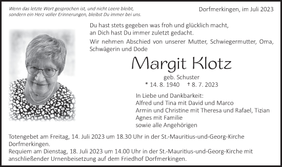 Traueranzeige von Margit Klotz von Schwäbische Post