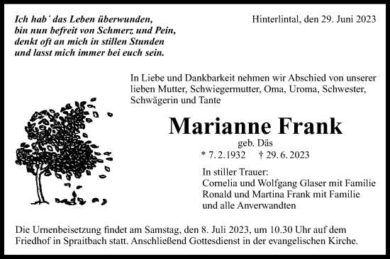 Traueranzeige von Marianne Frank von Gmünder Tagespost