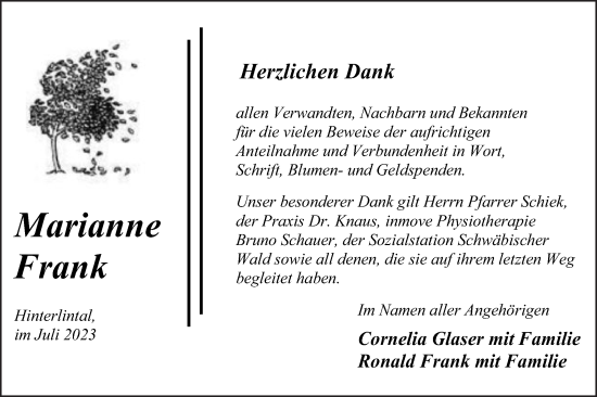 Traueranzeige von Marianne Frank von Gmünder Tagespost