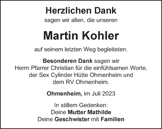 Traueranzeige von Martin Kohler von Schwäbische Post