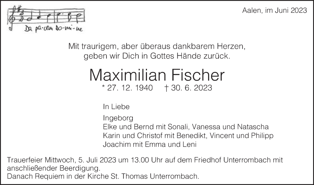  Traueranzeige für Maximilian Fischer vom 04.07.2023 aus Schwäbische Post