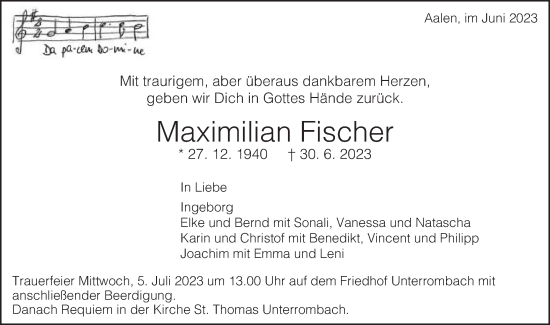Traueranzeige von Maximilian Fischer von Schwäbische Post
