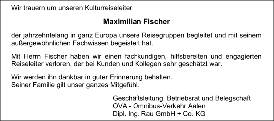Traueranzeige von Maximilian Fischer von Schwäbische Post