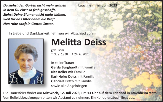 Traueranzeige von Melitta Deiss von Schwäbische Post