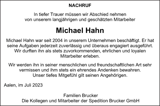 Traueranzeige von Michael Hahn von Schwäbische Post