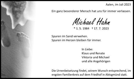 Traueranzeige von Michael Hahn von Schwäbische Post