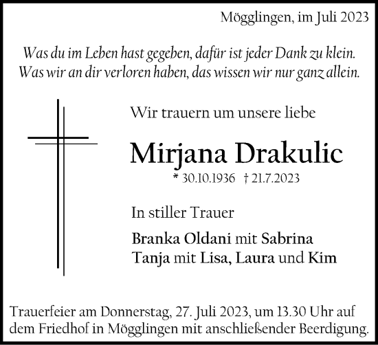 Traueranzeige von Mirjana Drakulic von Gmünder Tagespost