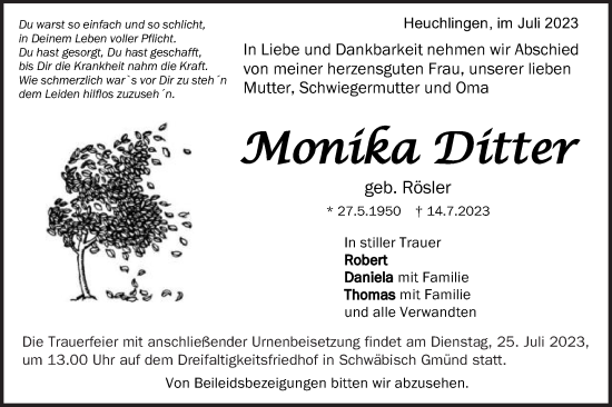 Traueranzeige von Monika Ditter von Gmünder Tagespost