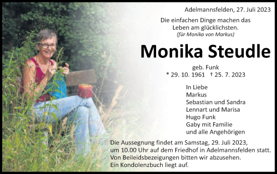 Traueranzeige von Monika Steudle von Schwäbische Post