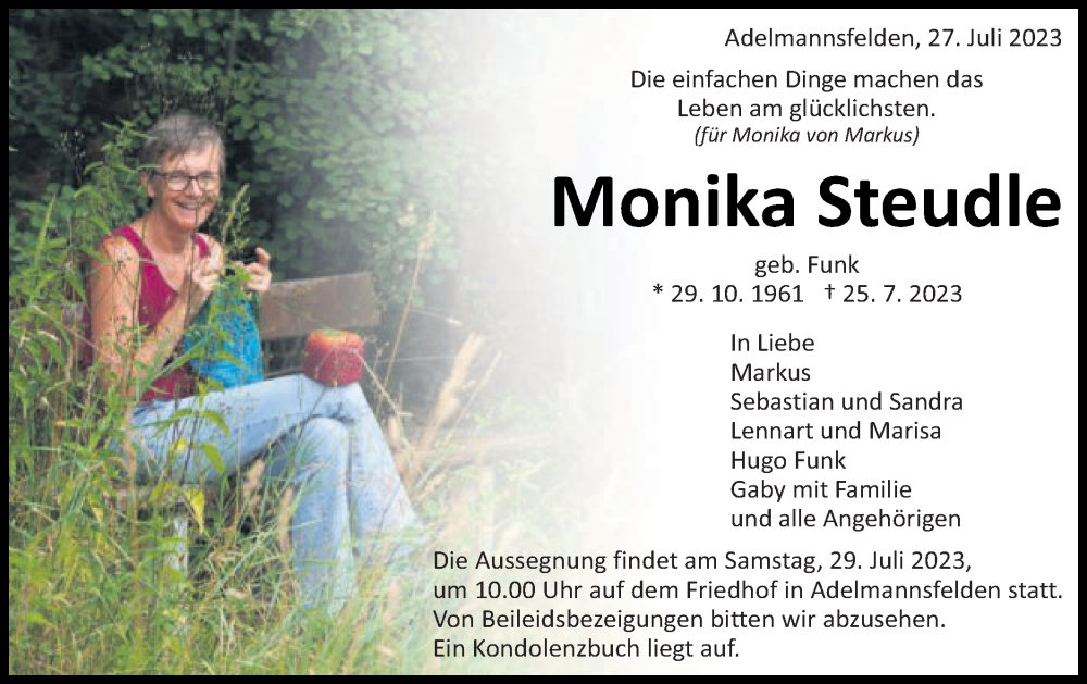  Traueranzeige für Monika Steudle vom 27.07.2023 aus Schwäbische Post
