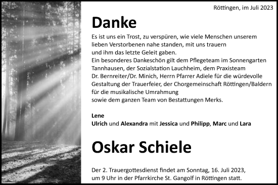 Traueranzeige von Oskar Schiele von Schwäbische Post