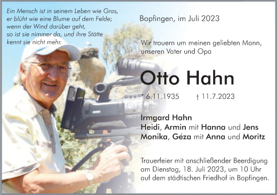 Traueranzeige von Otto Hahn von Schwäbische Post