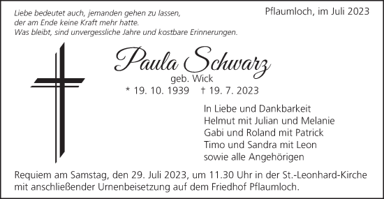 Traueranzeige von Paula Schwarz von Schwäbische Post