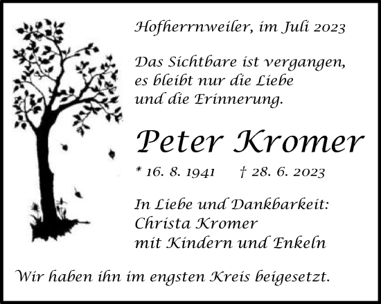 Traueranzeige von Peter Kromer von Schwäbische Post