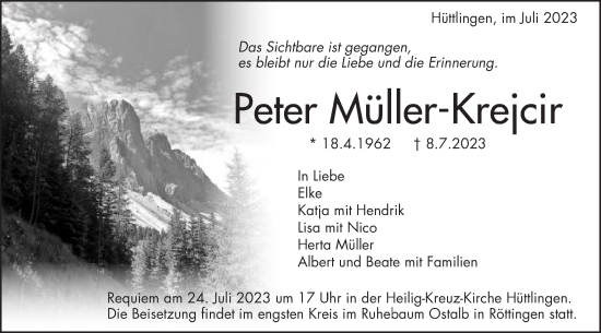 Traueranzeige von Peter Müller-Krejcir von Schwäbische Post