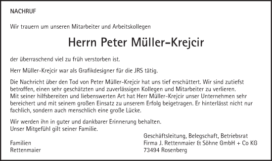 Traueranzeige von Peter Müller-Krejcir von Schwäbische Post