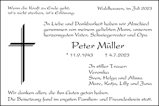 Traueranzeige von Peter Müller von Gmünder Tagespost