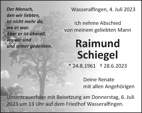Traueranzeige von Raimund Schiegel von Schwäbische Post