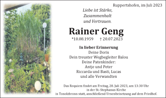 Traueranzeige von Rainer Geng von Gmünder Tagespost