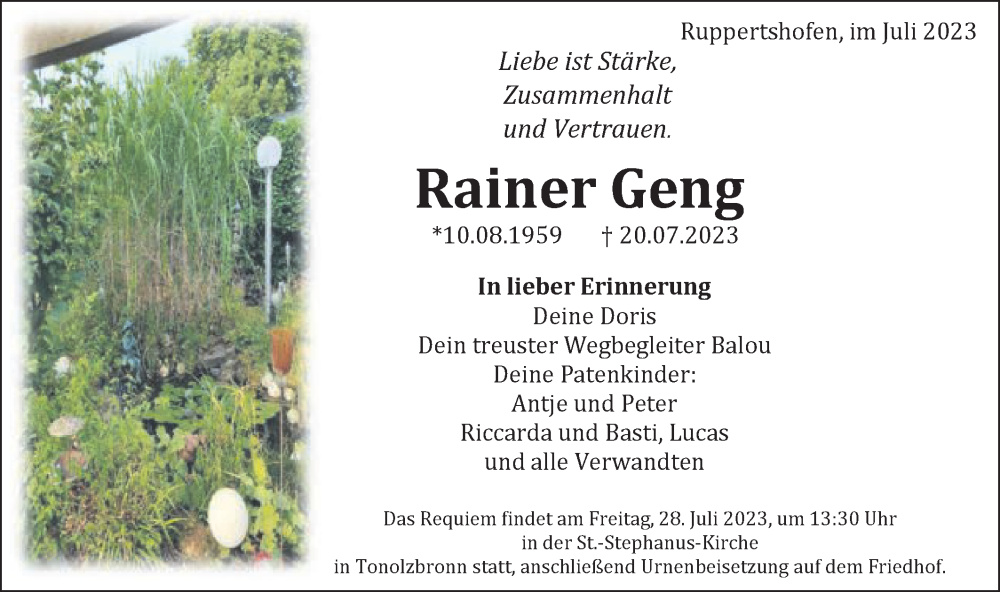  Traueranzeige für Rainer Geng vom 26.07.2023 aus Gmünder Tagespost